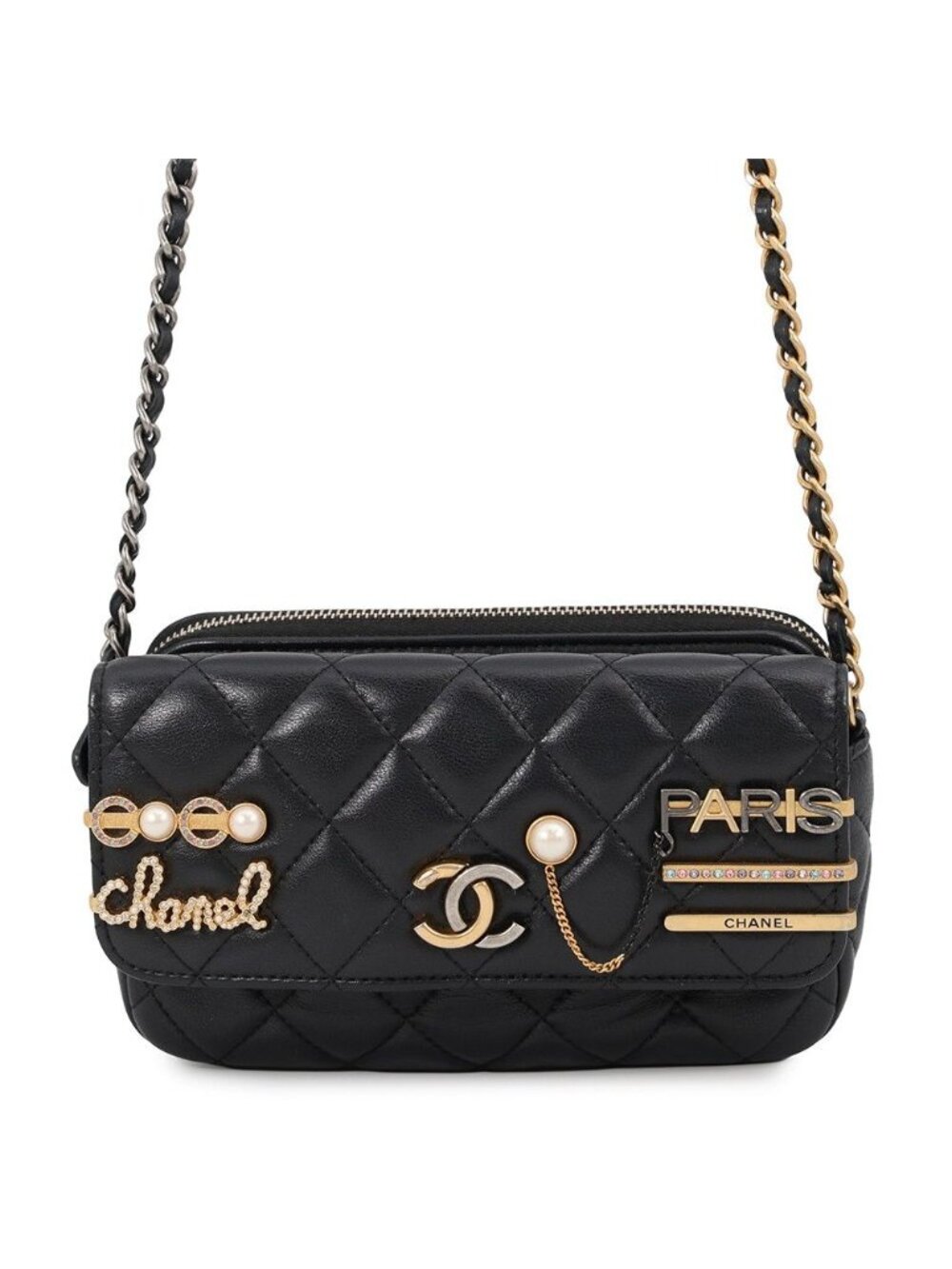 Chanel Chain Wallet Quilted CC Logo Lambskin Pearl Black Shoulder